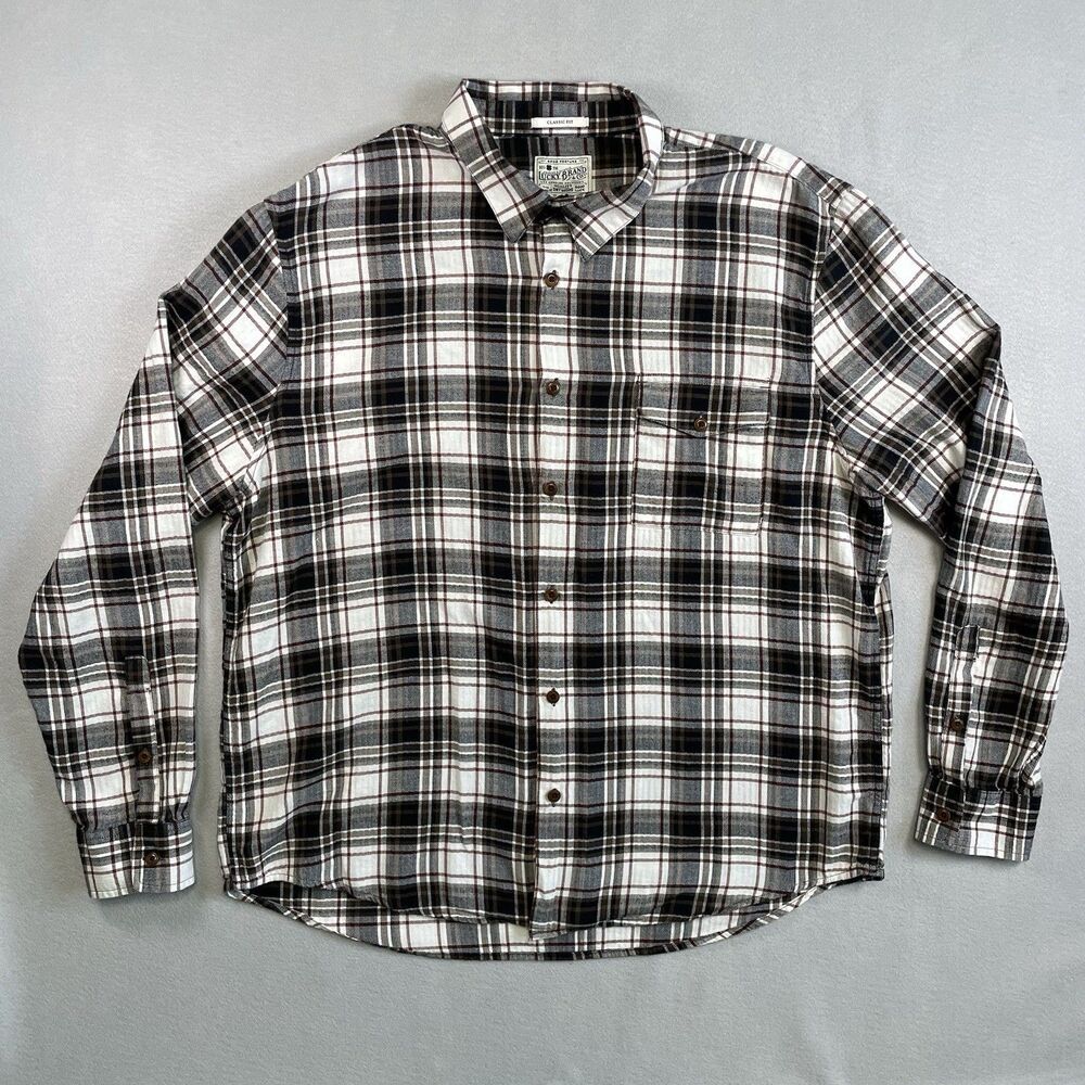 Lucky Brand Men’s XXL Classic Fit Cotton Flannel Button Up Shirt Brown Plaid
